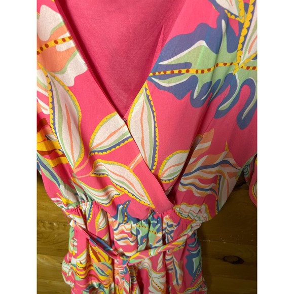 Flying Tomato‎ Pink Tropical Floral Wrap Romper Short Sleeve Tie Waist Cottage - Picture 7 of 10
